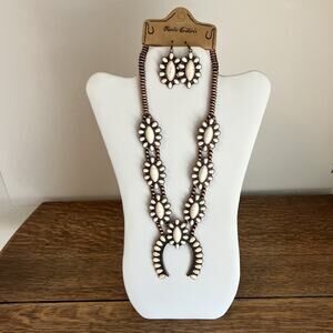 Rustic Couture Southwestern Necklace Earrings Set White Faux Stone Copper Tone